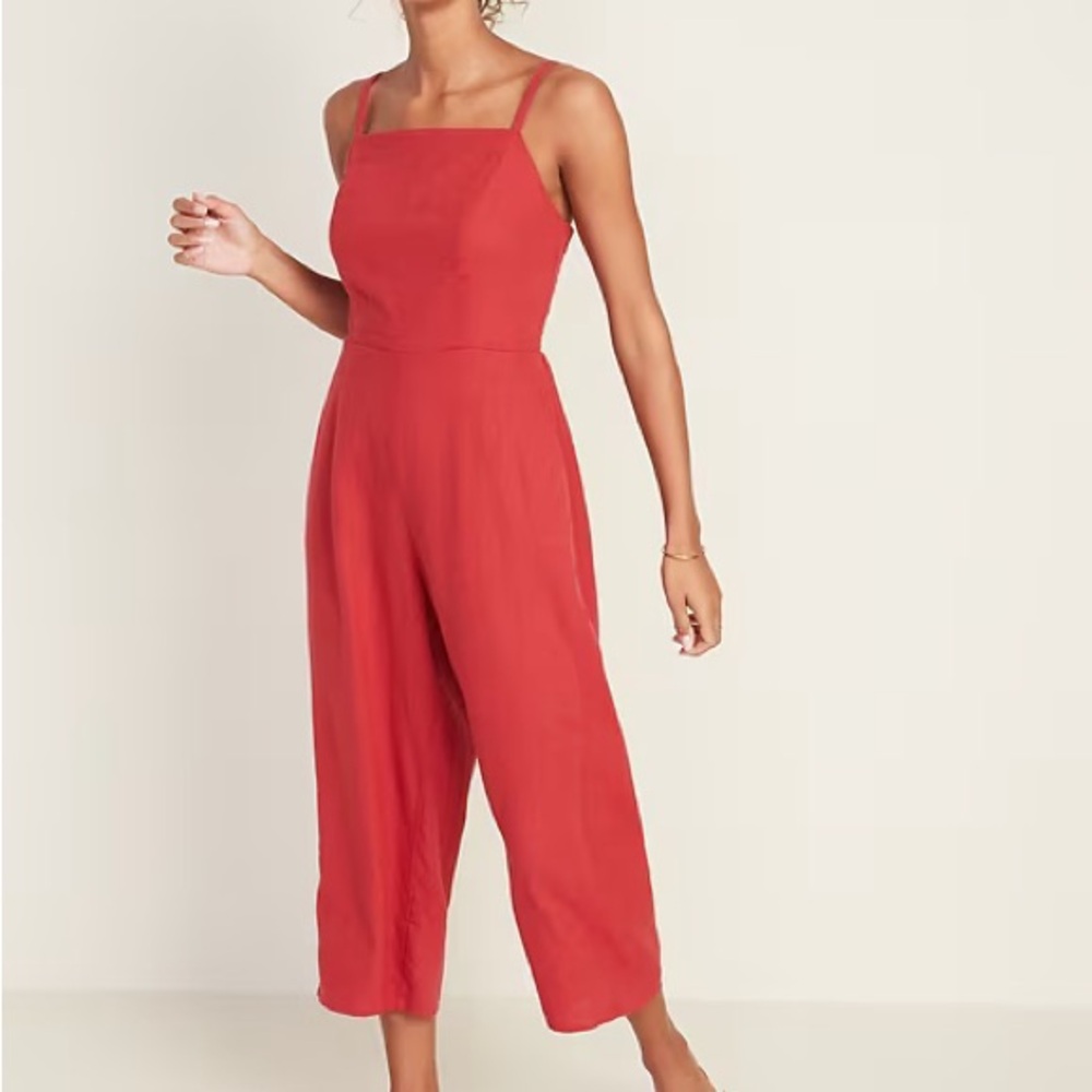 Old Navy Red Square Neck Linen Blend Jumpsuit